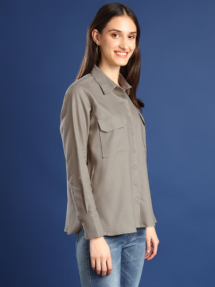 Women Beige Solid Pure Cotton Relaxed Fit Casual Shirt