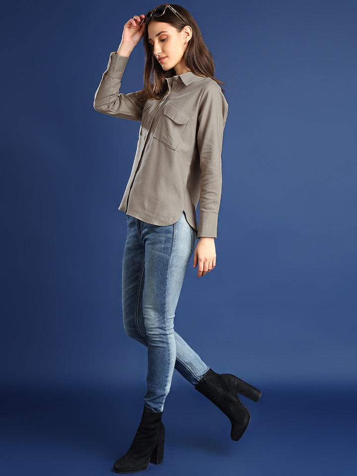Women Beige Solid Pure Cotton Relaxed Fit Casual Shirt
