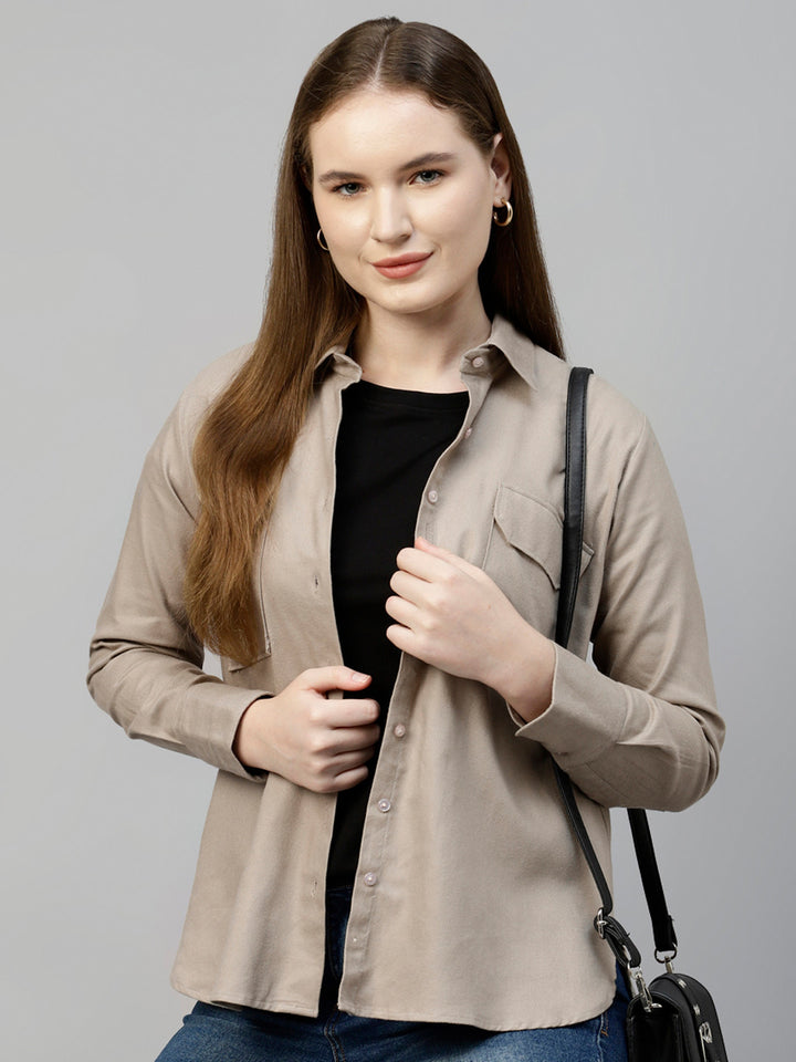 Women Beige Solid Pure Cotton Relaxed Fit Casual Shirt