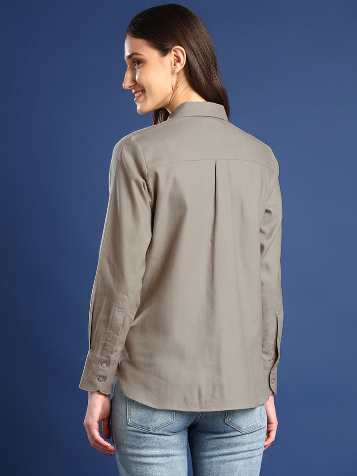 Women Beige Solid Pure Cotton Relaxed Fit Casual Shirt