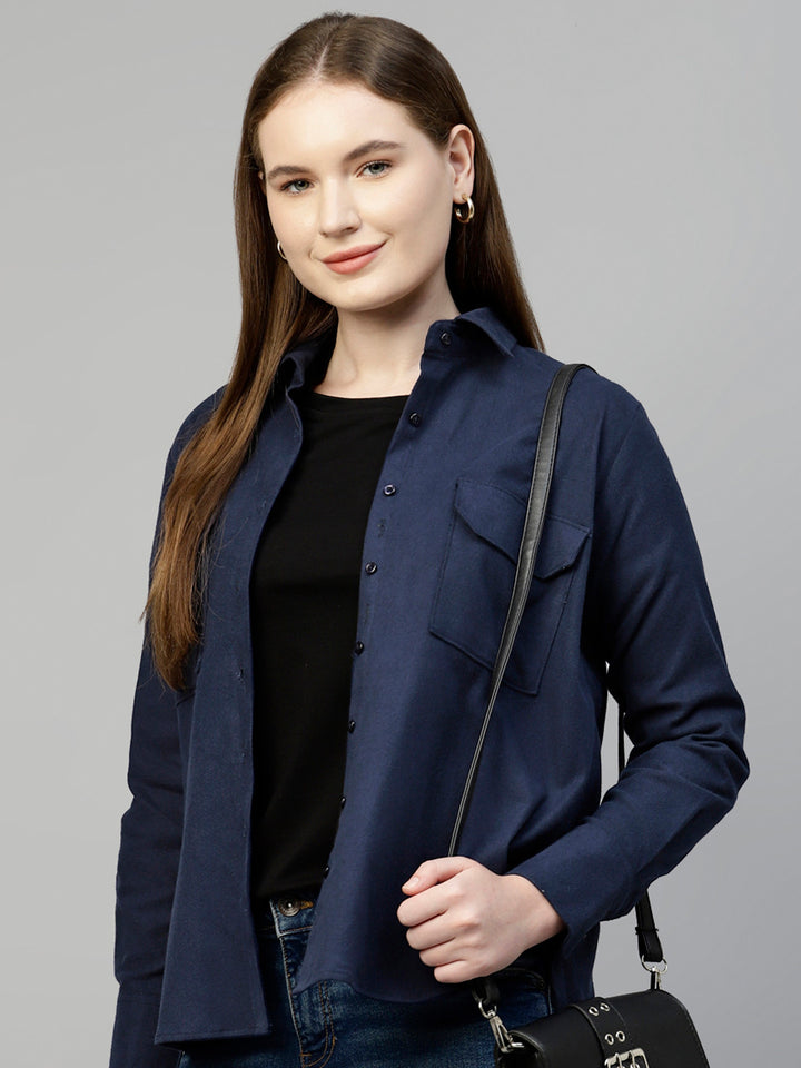 Women Navy Blue Solid Pure Cotton Relaxed Fit Casual Shirt
