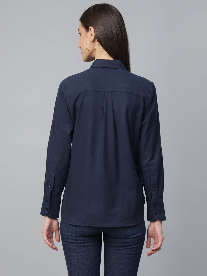Women Navy Blue Solid Pure Cotton Relaxed Fit Casual Shirt