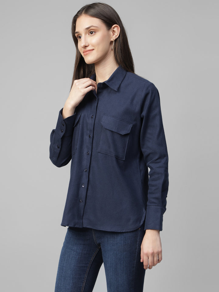 Women Navy Blue Solid Pure Cotton Relaxed Fit Casual Shirt