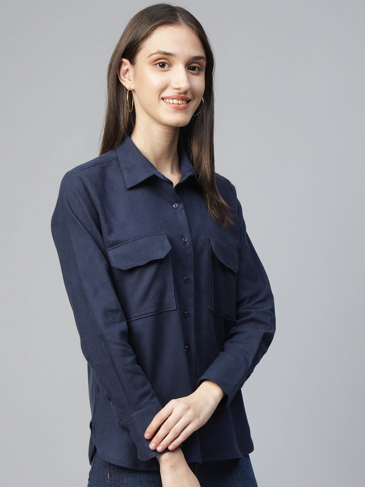 Women Navy Blue Solid Pure Cotton Relaxed Fit Casual Shirt