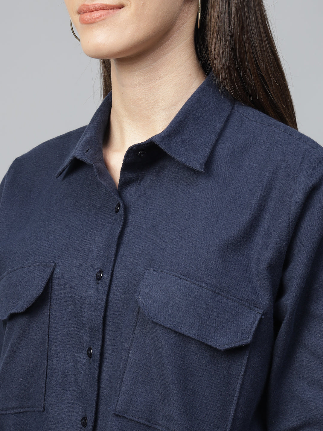 Women Navy Blue Solid Pure Cotton Relaxed Fit Casual Shirt