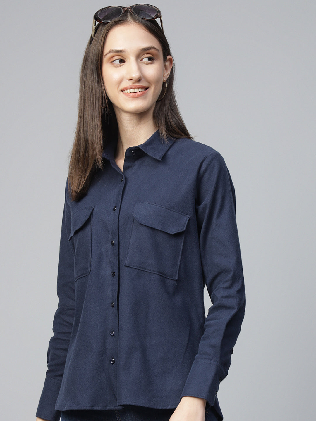 Women Navy Blue Solid Pure Cotton Relaxed Fit Casual Shirt