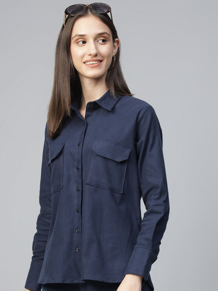 Women Navy Blue Solid Pure Cotton Relaxed Fit Casual Shirt