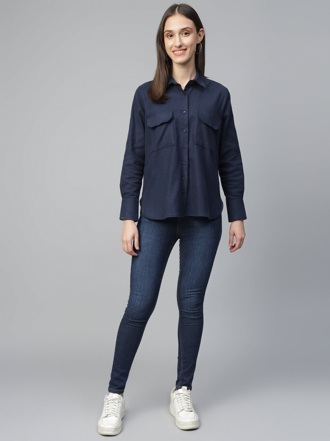 Women Navy Blue Solid Pure Cotton Relaxed Fit Casual Shirt