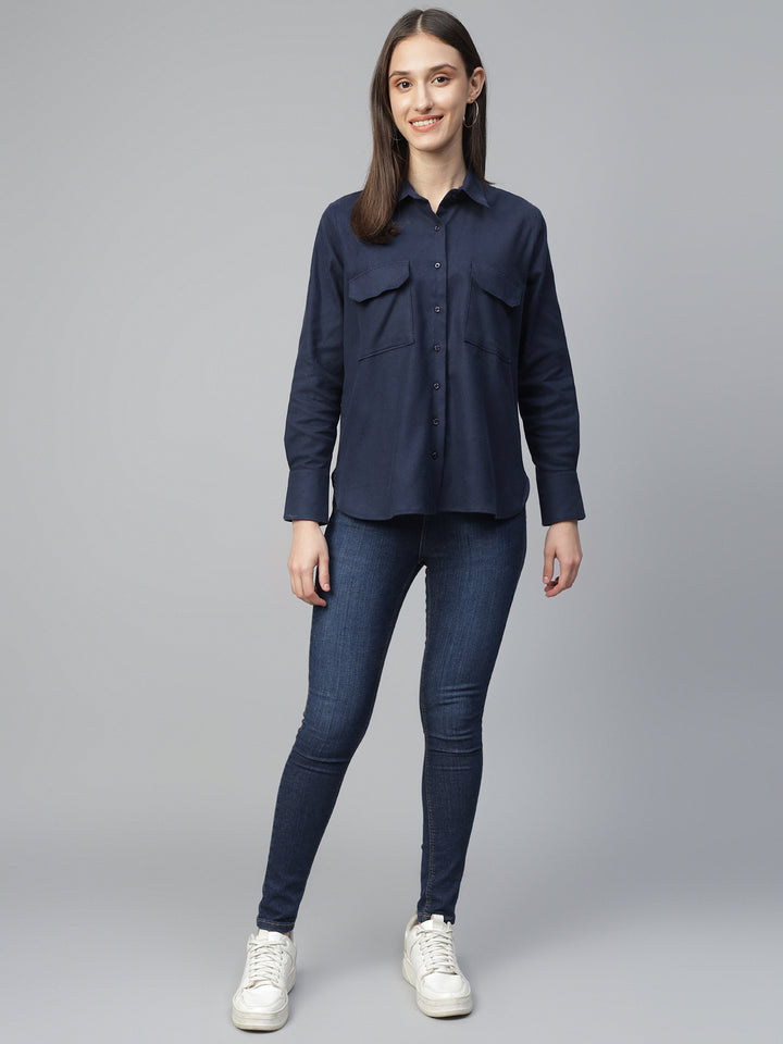 Women Navy Blue Solid Pure Cotton Relaxed Fit Casual Shirt