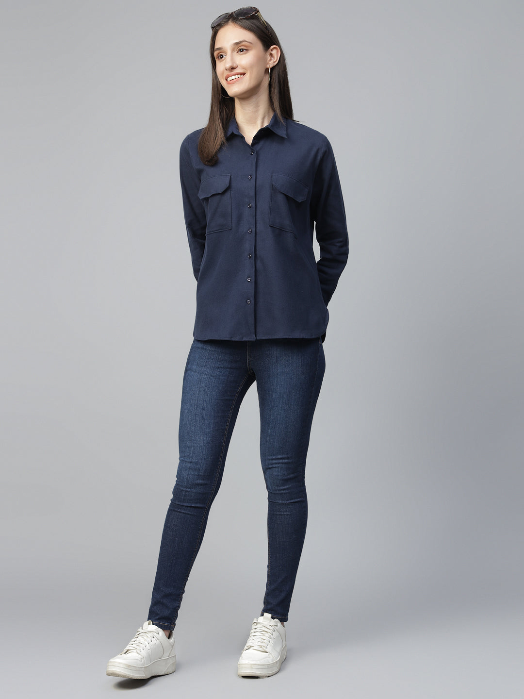 Women Navy Blue Solid Pure Cotton Relaxed Fit Casual Shirt