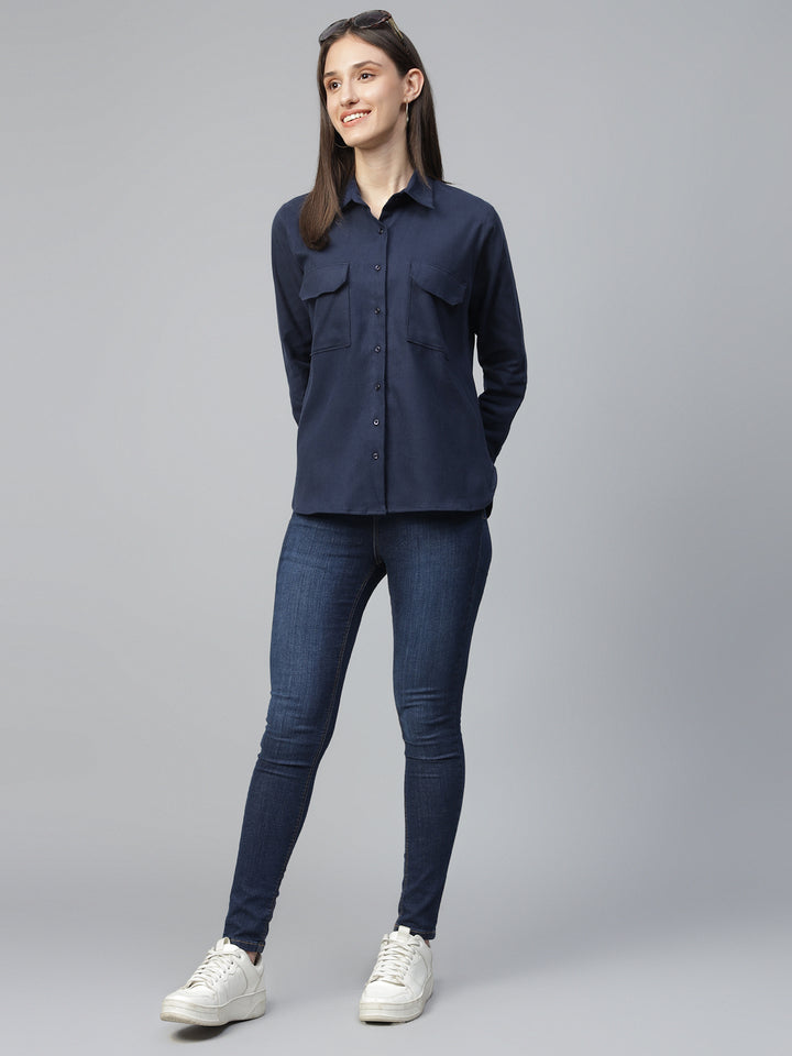 Women Navy Blue Solid Pure Cotton Relaxed Fit Casual Shirt