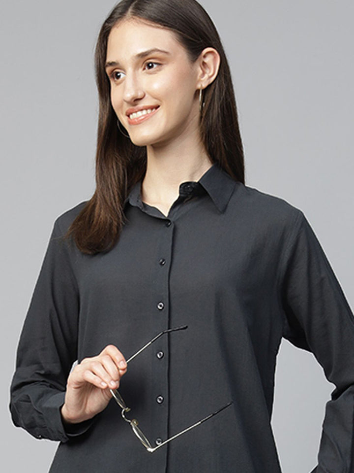 Women Grey Solid Pure Cotton Relaxed Fit Formal Shirt