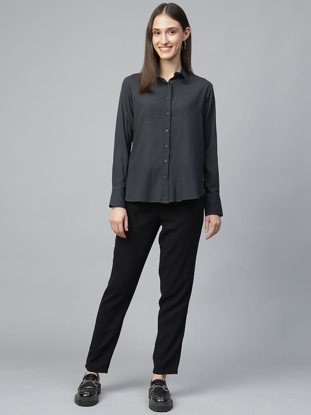 Women Grey Solid Pure Cotton Relaxed Fit Formal Shirt