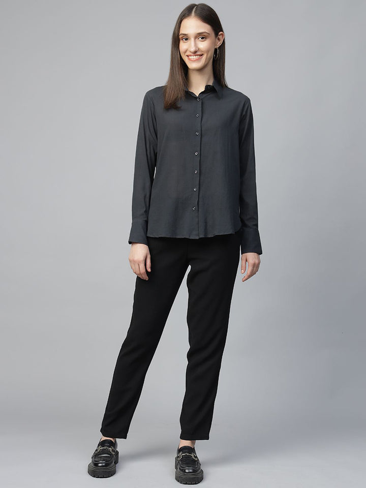 Women Grey Solid Pure Cotton Relaxed Fit Formal Shirt