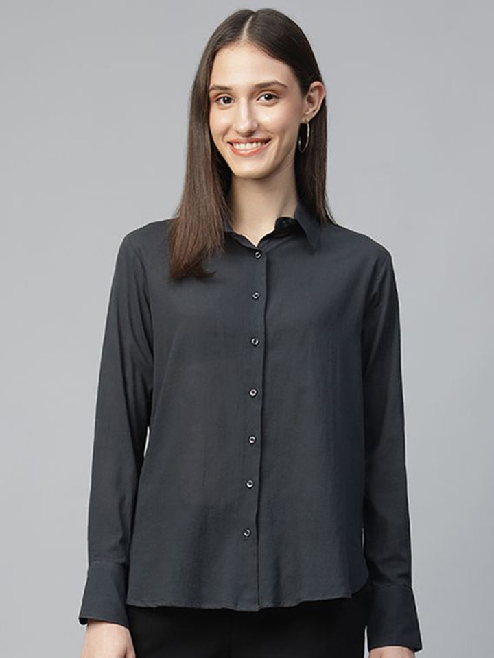 Women Grey Solid Pure Cotton Relaxed Fit Formal Shirt