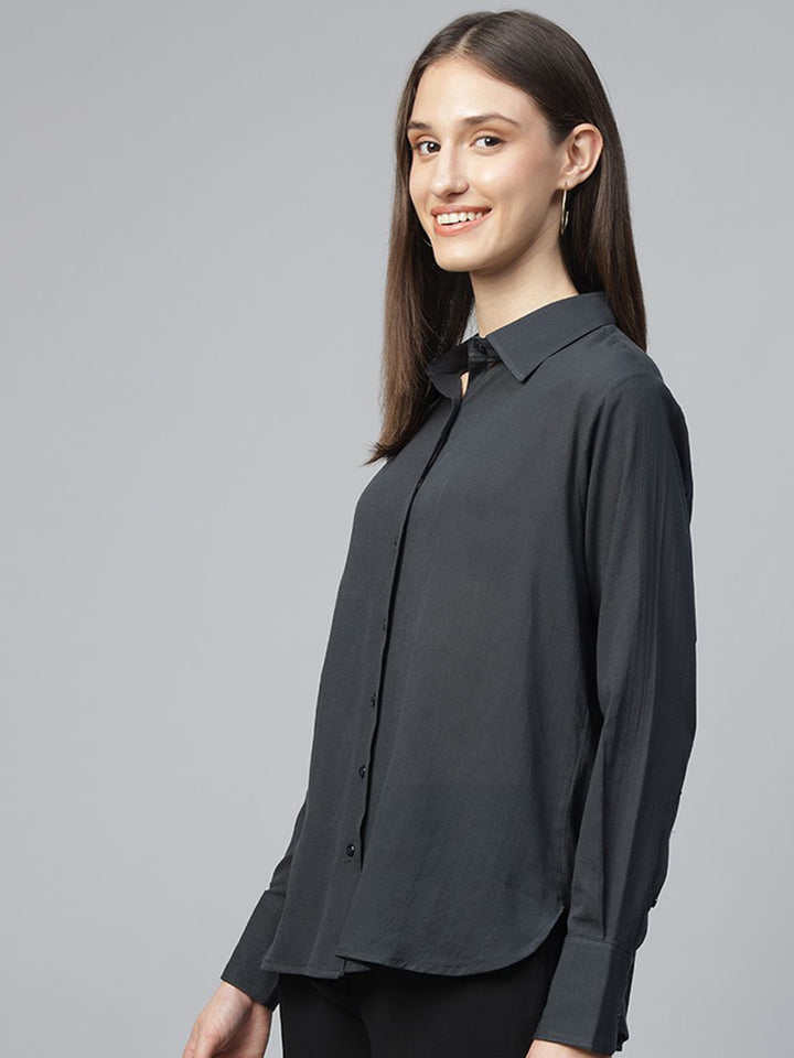 Women Grey Solid Pure Cotton Relaxed Fit Formal Shirt