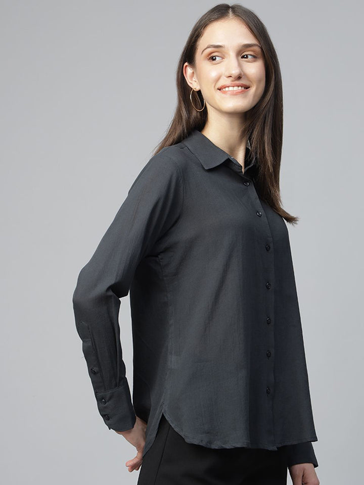 Women Grey Solid Pure Cotton Relaxed Fit Formal Shirt