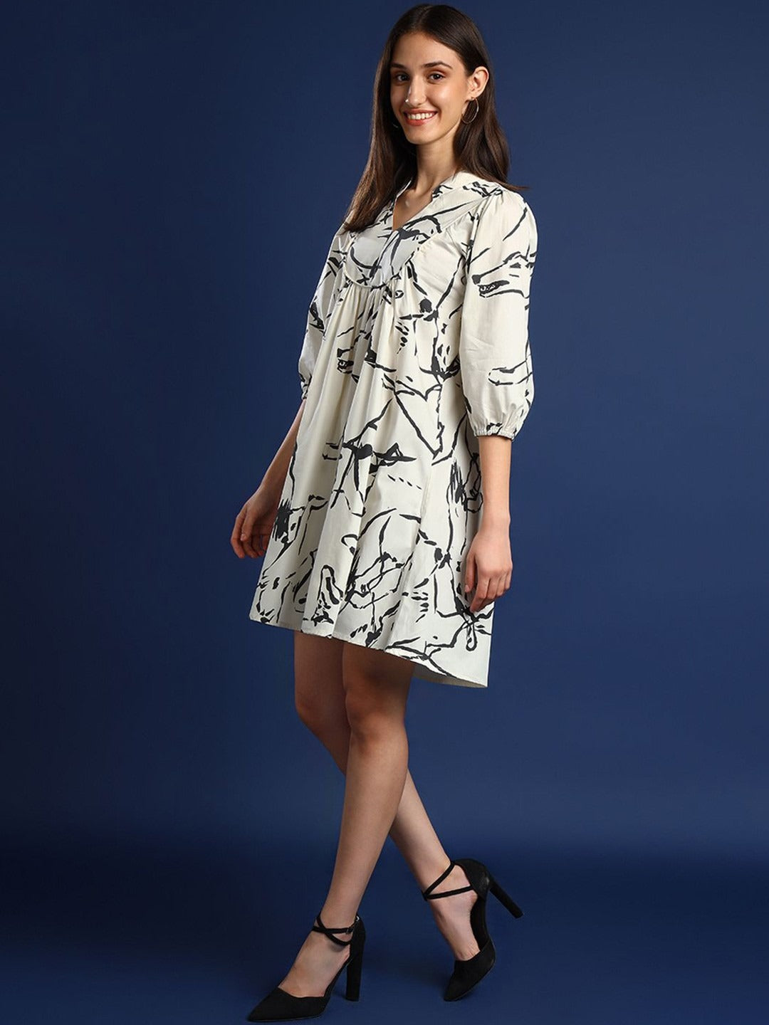 Hancock Women Cream-Grey Printed Pure Cotton Regular Fit Casual Dress