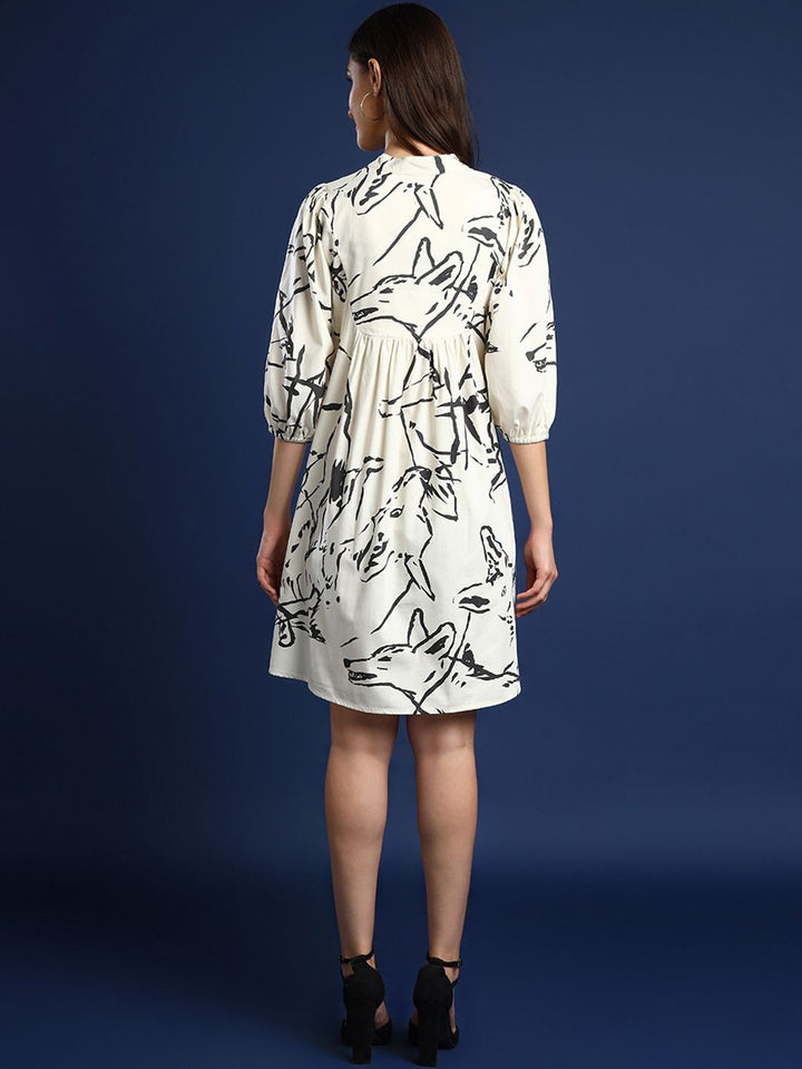 Hancock Women Cream-Grey Printed Pure Cotton Regular Fit Casual Dress