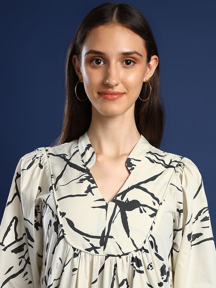 Hancock Women Cream-Grey Printed Pure Cotton Regular Fit Casual Dress