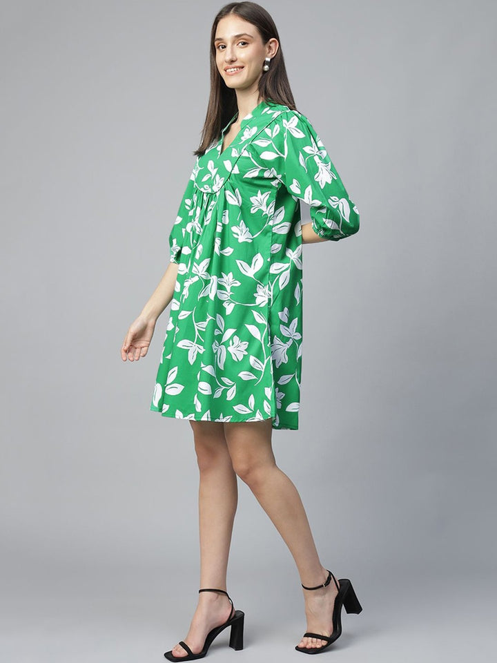 Women White & Green Printed Pure Cotton Regular Fit Casual Dress