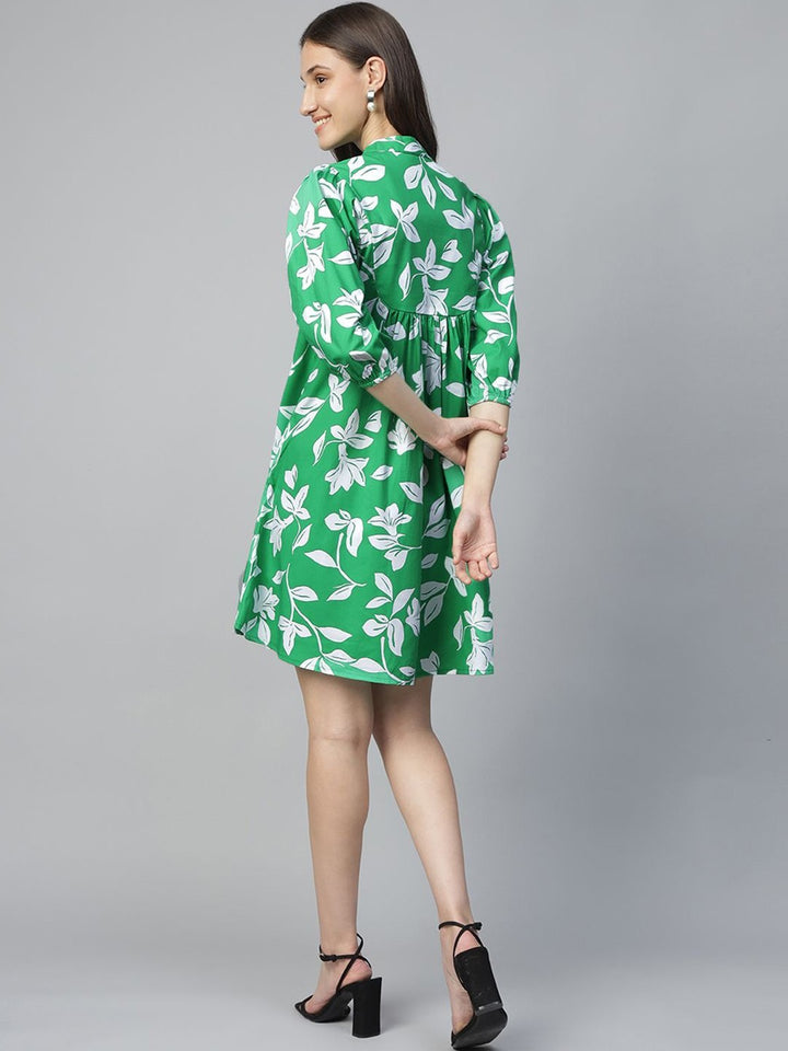 Women White & Green Printed Pure Cotton Regular Fit Casual Dress
