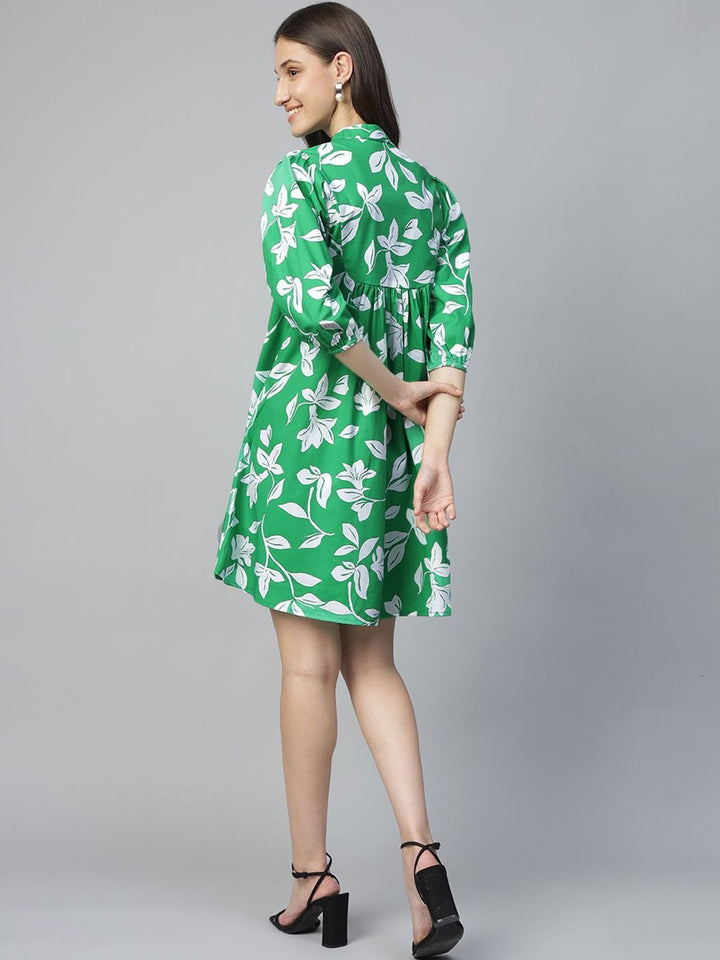 Women White & Green Printed Pure Cotton Regular Fit Casual Dress