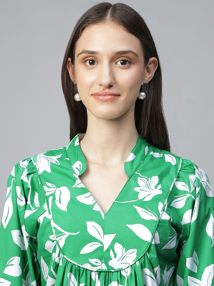 Women White & Green Printed Pure Cotton Regular Fit Casual Dress