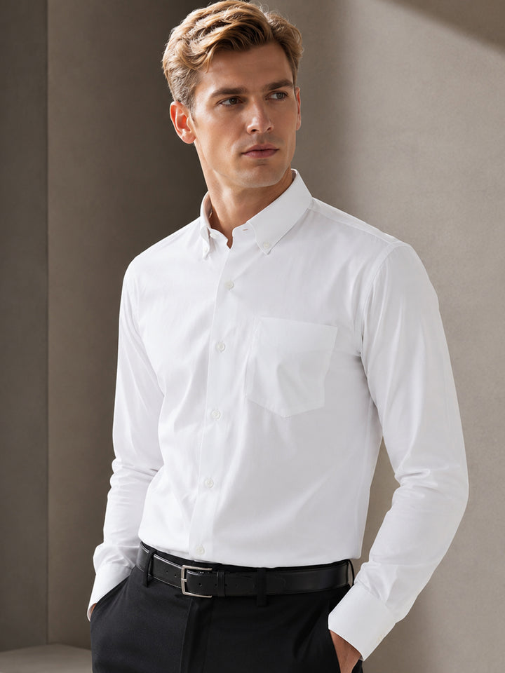 Men White Solid Oxford Pure Cotton Button Down Collar Slim Fit Formal Shirt