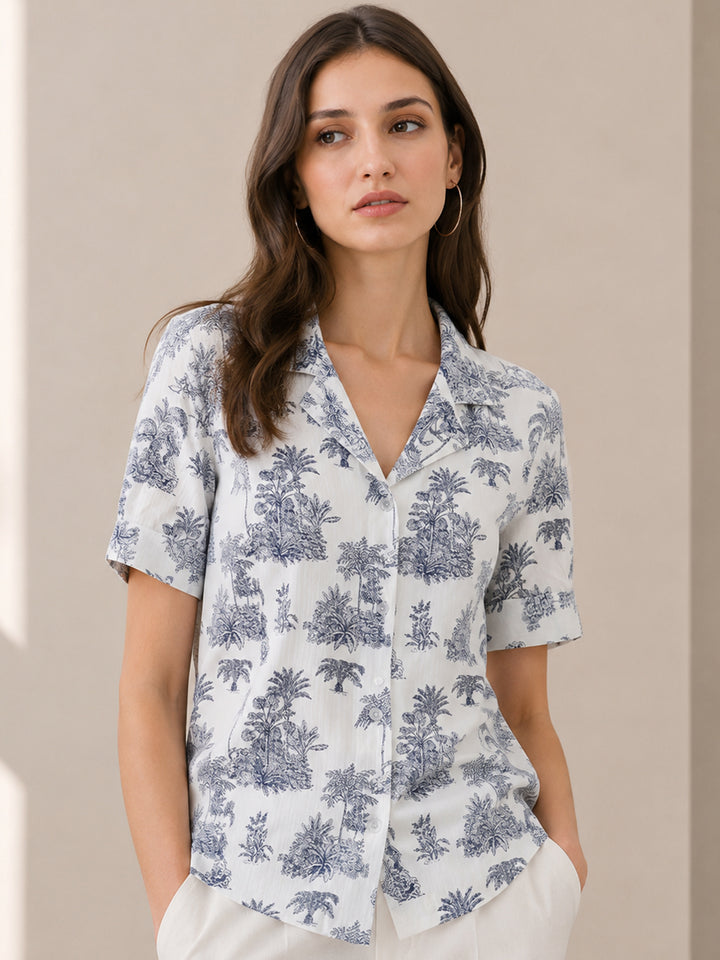 Women White & Blue Printed Pure Cotton Regular Fit Casual Shirt