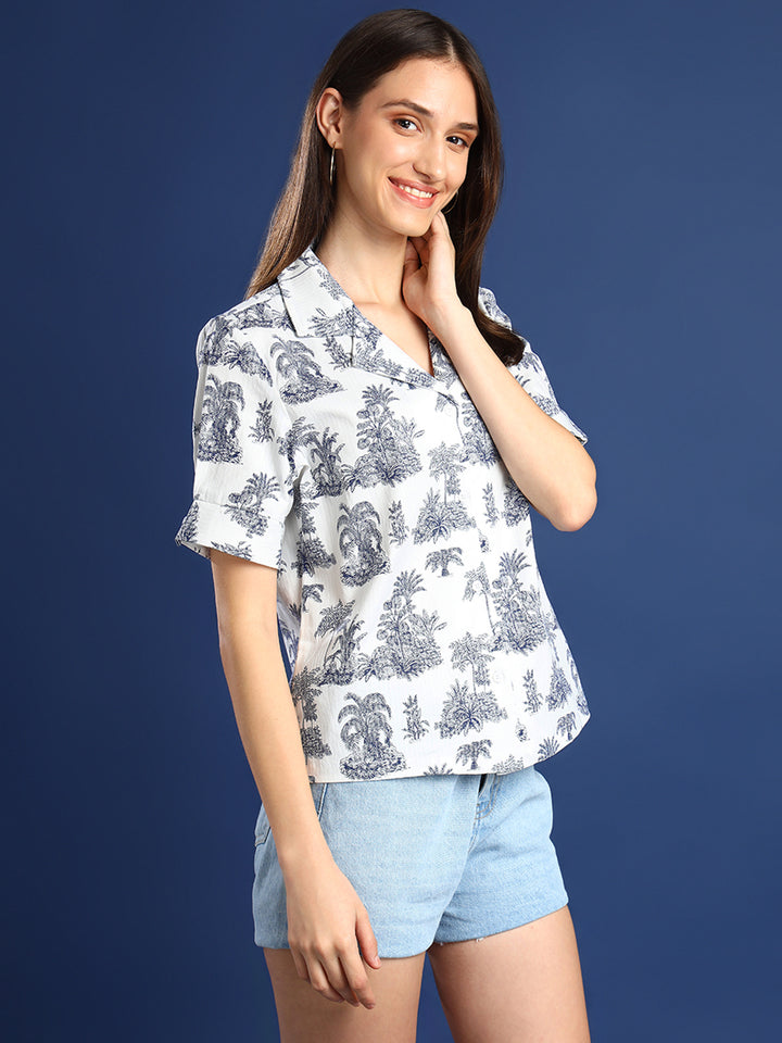 Women White & Blue Printed Pure Cotton Regular Fit Casual Shirt