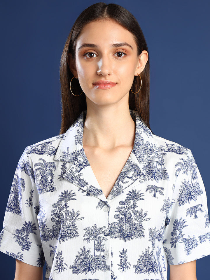 Women White & Blue Printed Pure Cotton Regular Fit Casual Shirt