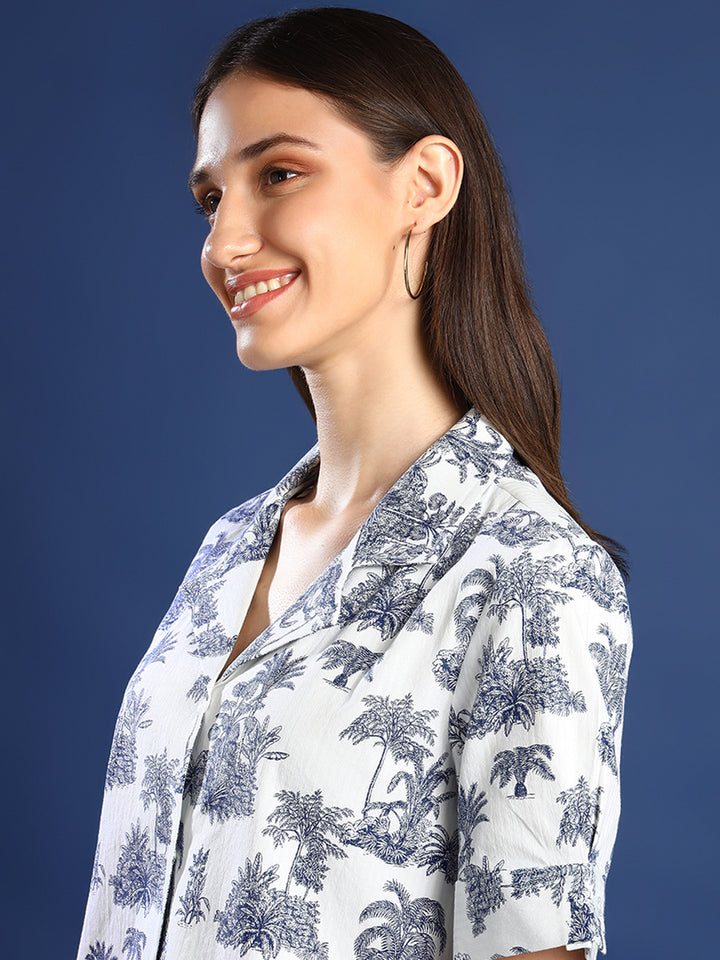 Women White & Blue Printed Pure Cotton Regular Fit Casual Shirt