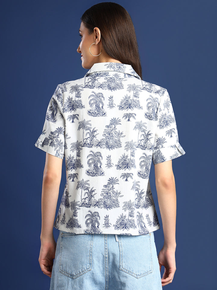 Women White & Blue Printed Pure Cotton Regular Fit Casual Shirt