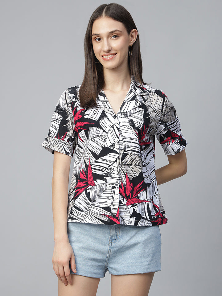 Women White & Black Printed Pure Cotton Regular Fit Casual Shirt
