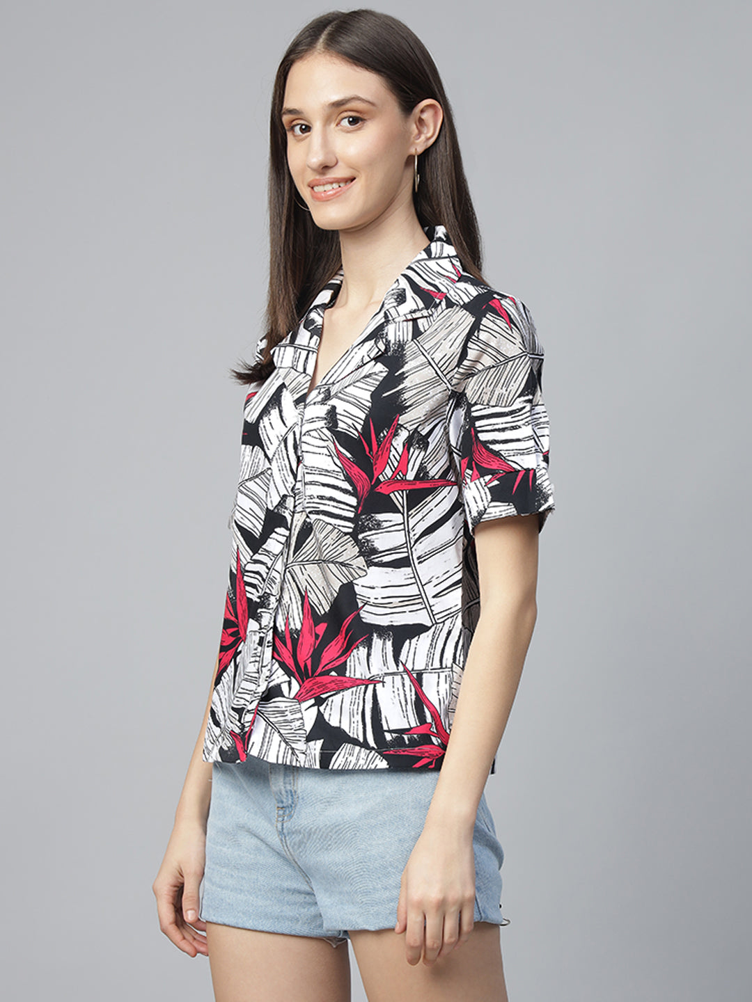 Women White & Black Printed Pure Cotton Regular Fit Casual Shirt