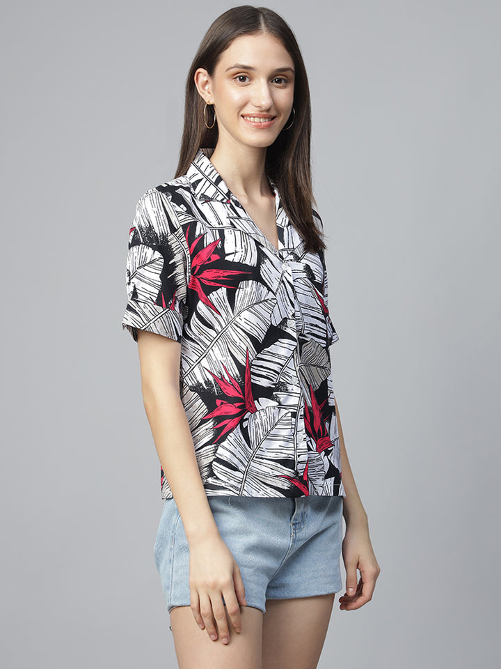 Women White & Black Printed Pure Cotton Regular Fit Casual Shirt