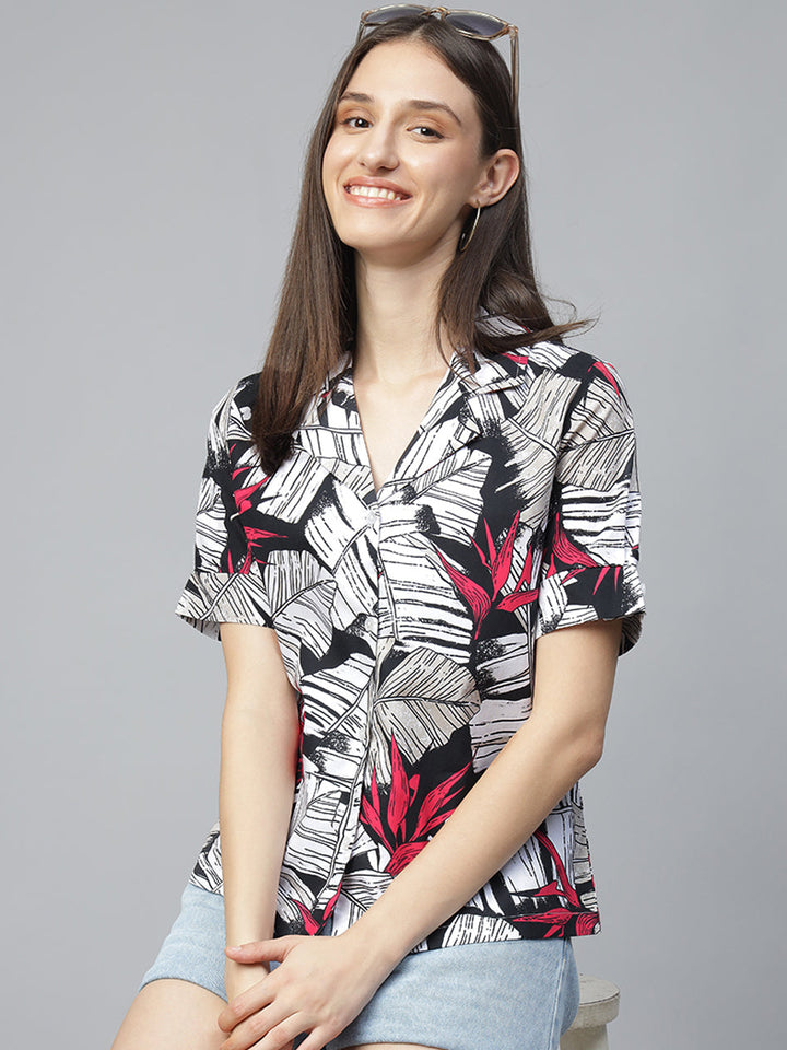 Women White & Black Printed Pure Cotton Regular Fit Casual Shirt