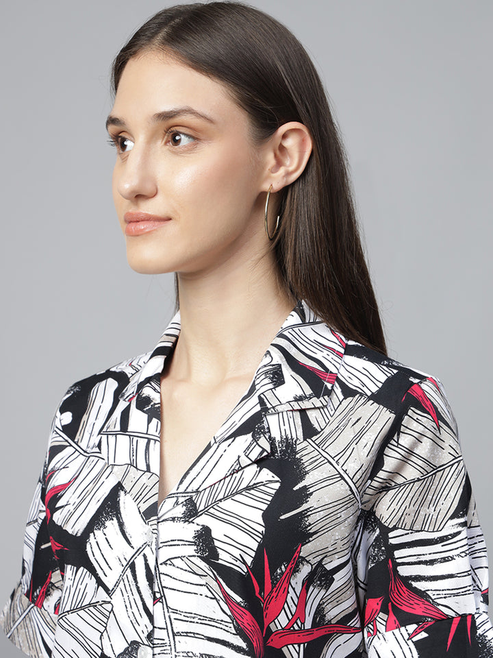 Women White & Black Printed Pure Cotton Regular Fit Casual Shirt