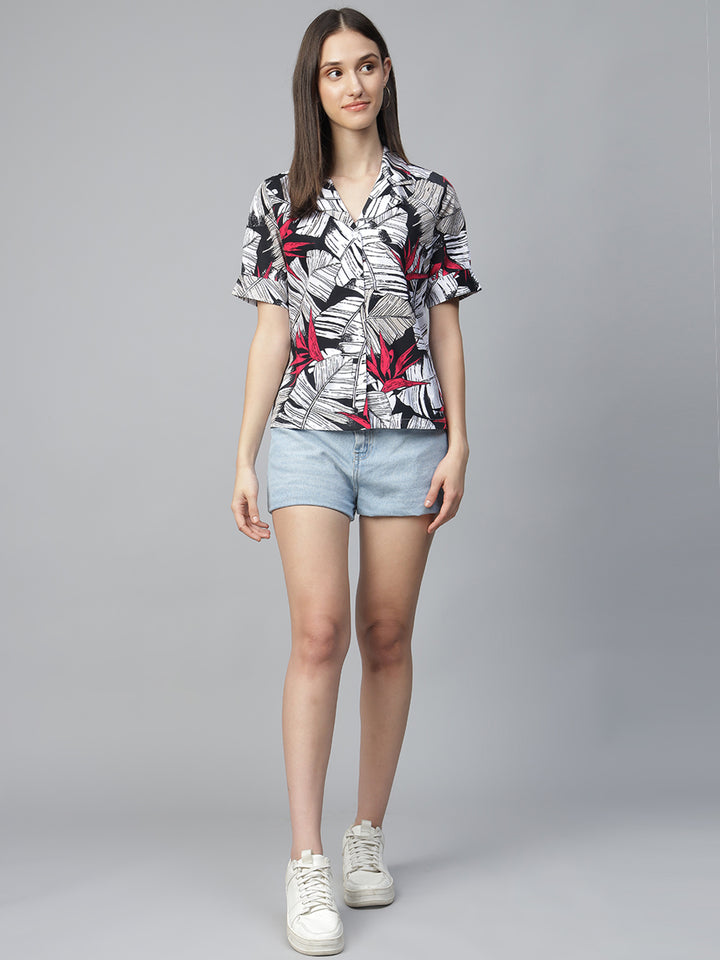 Women White & Black Printed Pure Cotton Regular Fit Casual Shirt