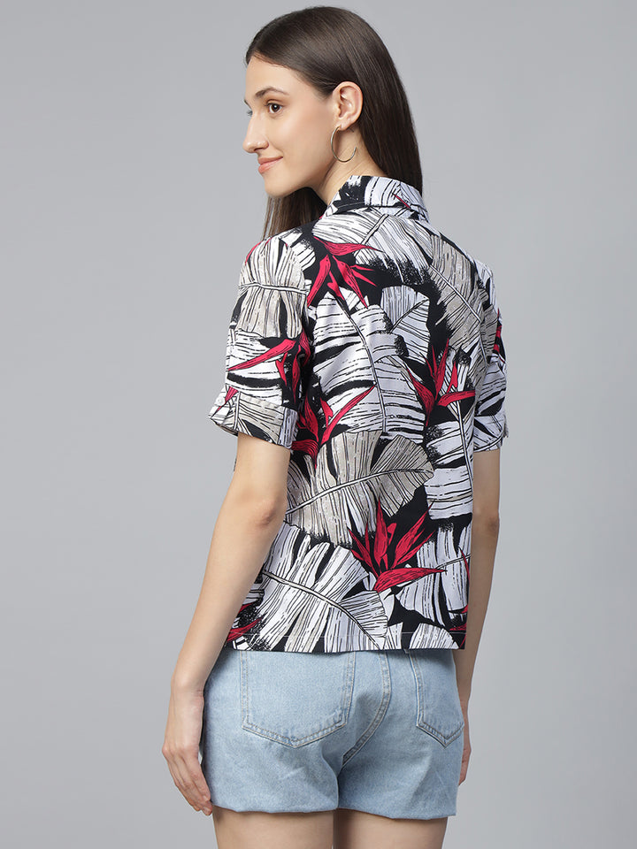 Women White & Black Printed Pure Cotton Regular Fit Casual Shirt