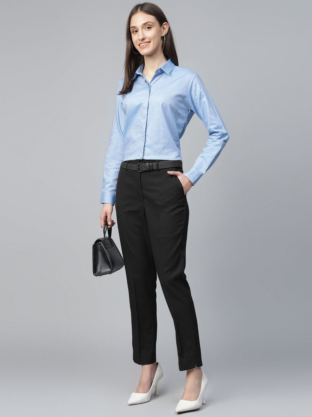 Hancock Women Black Solid Polyester, Viscose & Elastane Slim Fit Formal Trouser