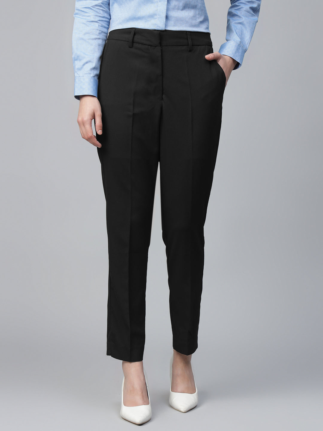 Hancock Women Black Solid Polyester, Viscose & Elastane Slim Fit Formal Trouser