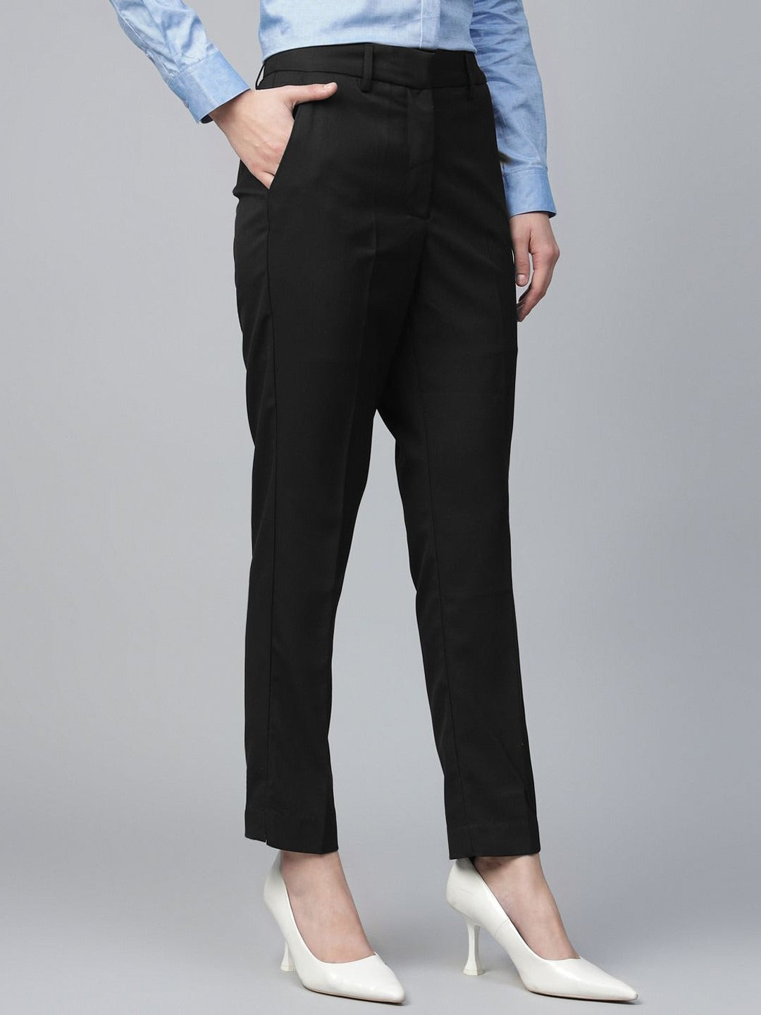 Hancock Women Black Solid Polyester, Viscose & Elastane Slim Fit Formal Trouser