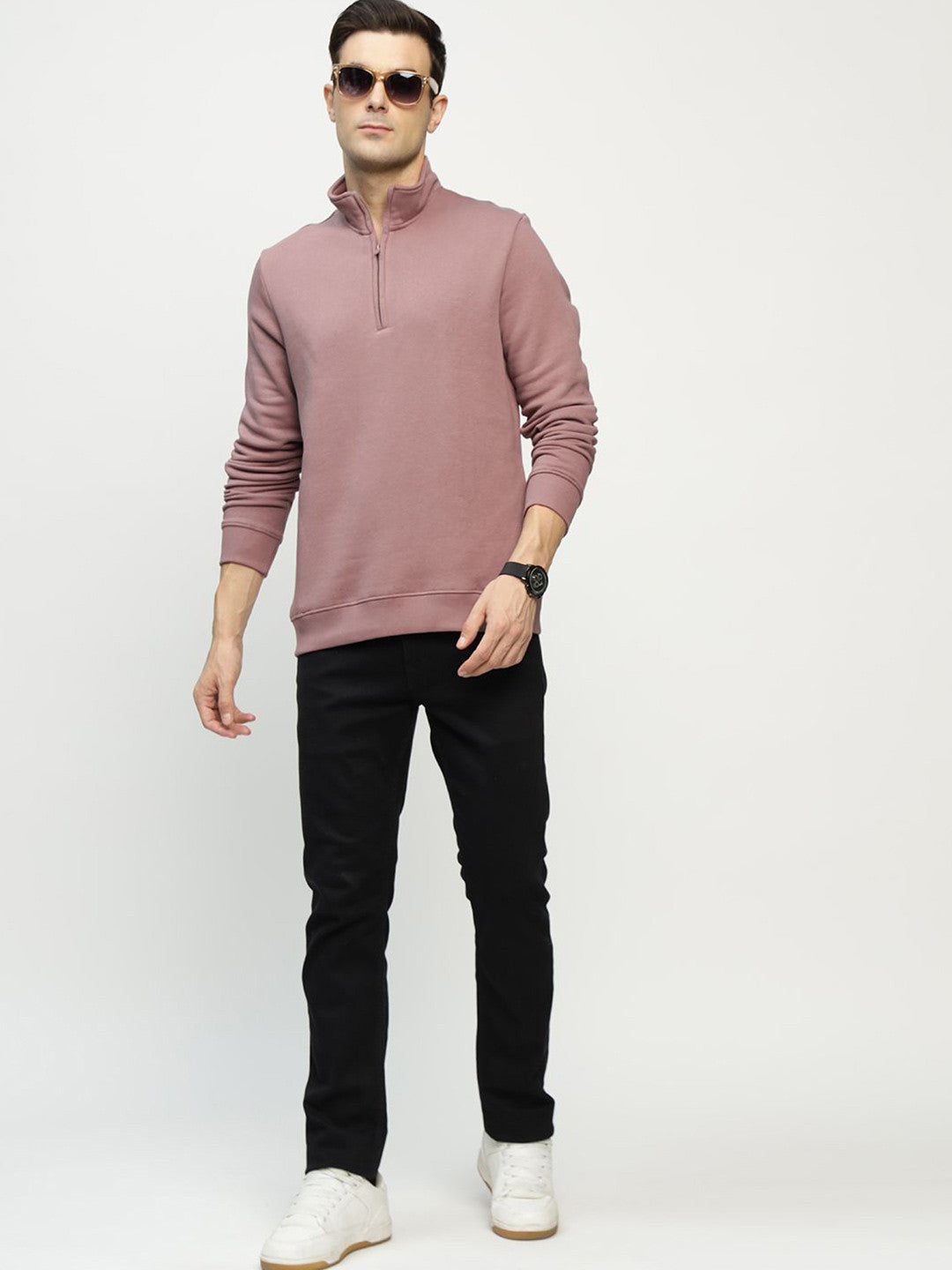 Hancock Men Dusty Mauve Solid Cotton Rich Regular Fit Casual Sweatshirt