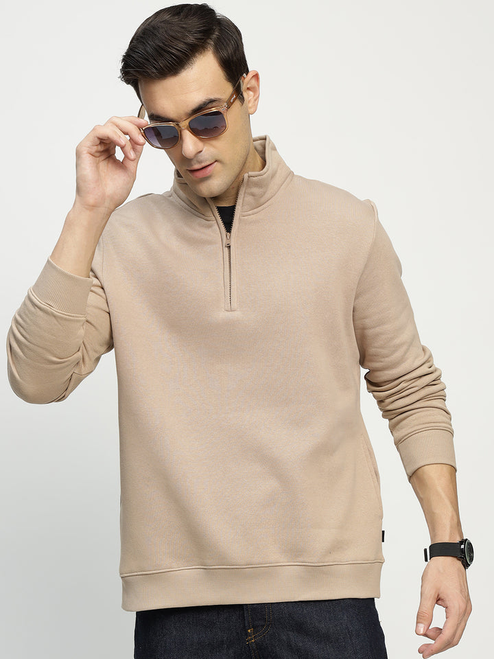 Hancock Men Beige Solid Cotton Rich Regular Fit Casual Sweatshirt