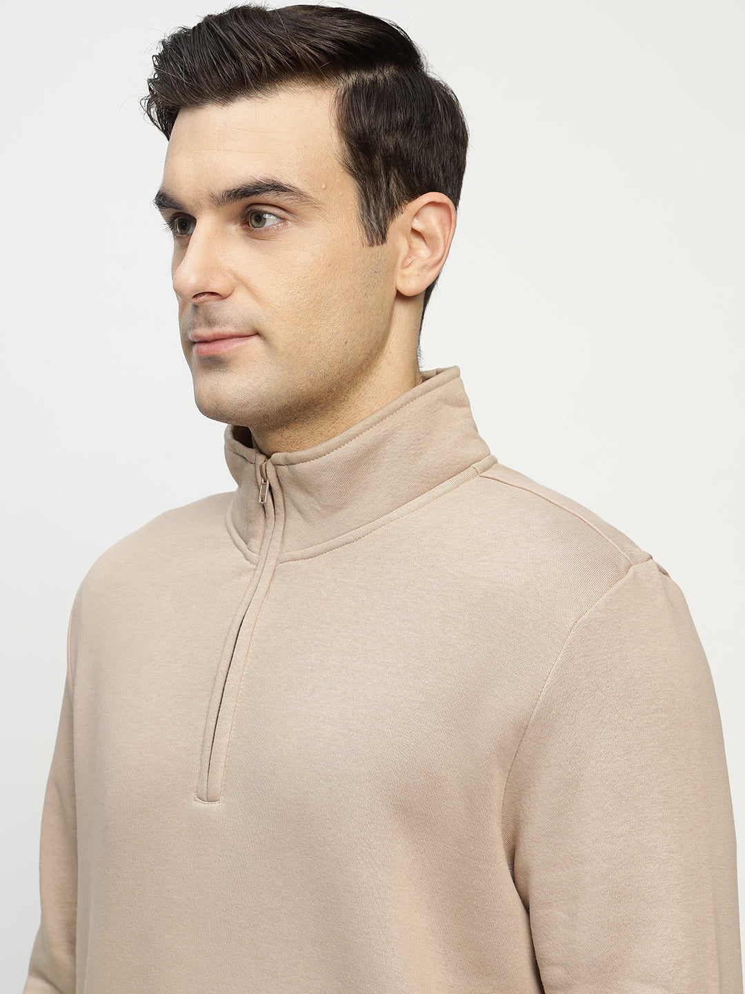 Hancock Men Beige Solid Cotton Rich Regular Fit Casual Sweatshirt