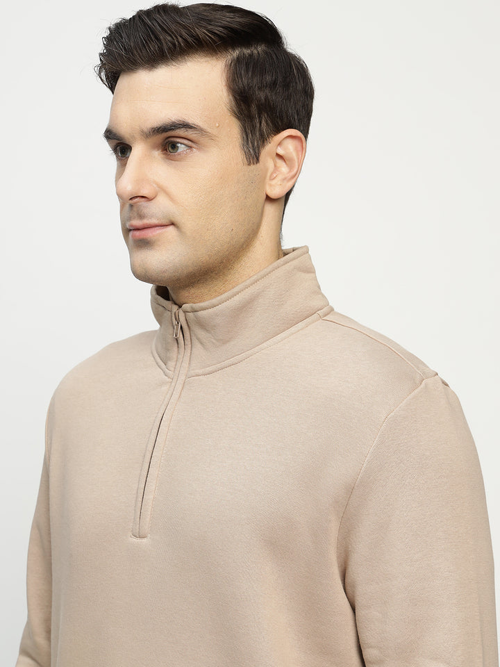 Hancock Men Beige Solid Cotton Rich Regular Fit Casual Sweatshirt