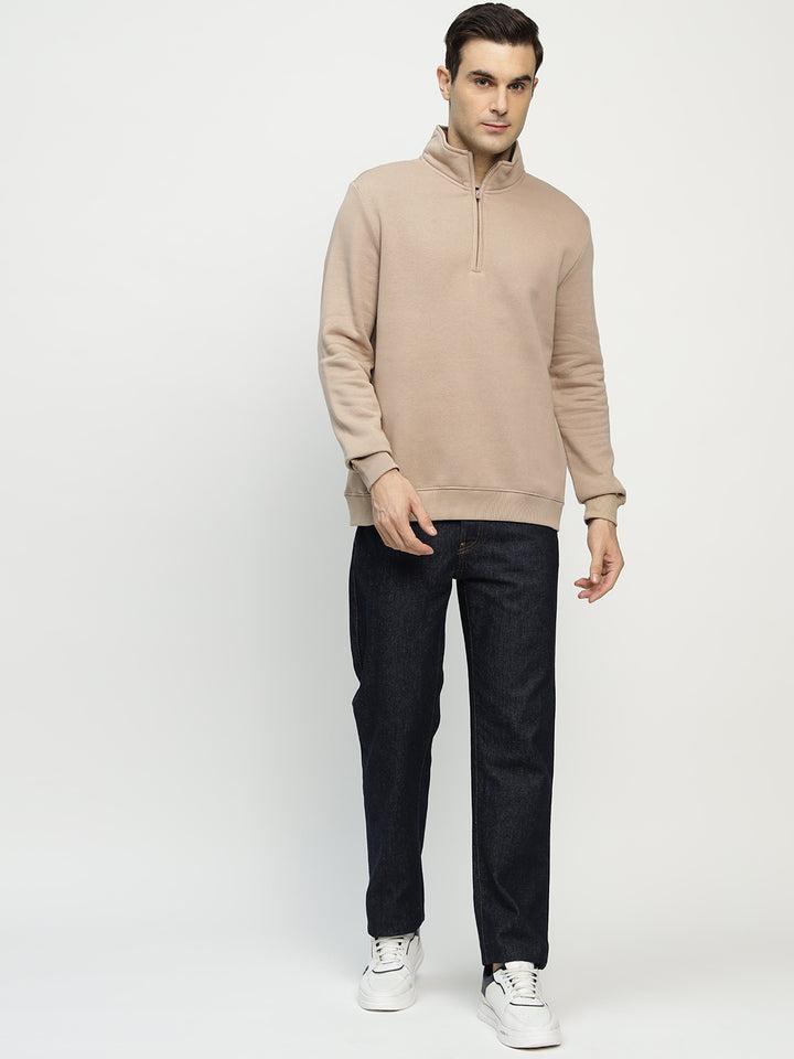 Hancock Men Beige Solid Cotton Rich Regular Fit Casual Sweatshirt