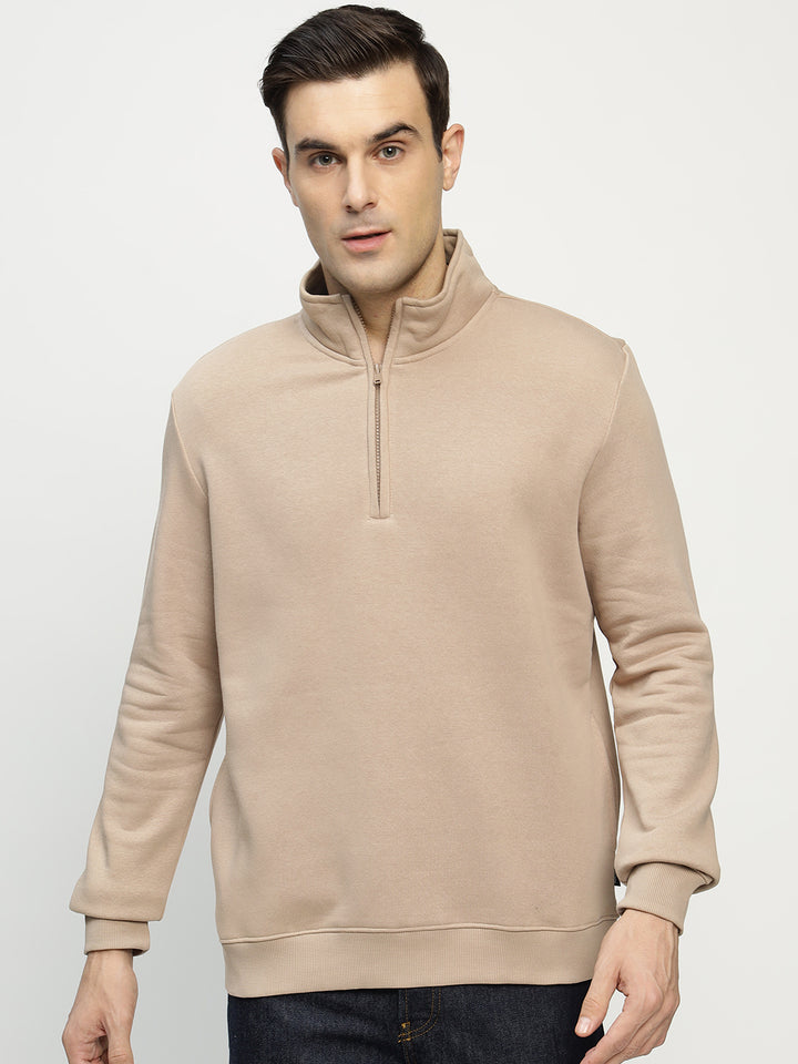 Hancock Men Beige Solid Cotton Rich Regular Fit Casual Sweatshirt